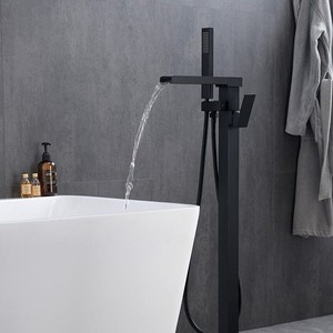 Black Freestanding Floor Mounted Bathtub Faucet 360° Swivel, Handheld + Hose
