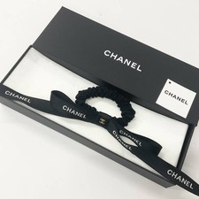 CHANEL Coco Mark CC Silk Ribbon Scrunchie Hair Tie Black White Logo 24B w/Box