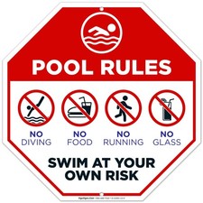 Pool Rules Sign, 12x12 Inches, Rust Free .040 Aluminum, 12x12, Red