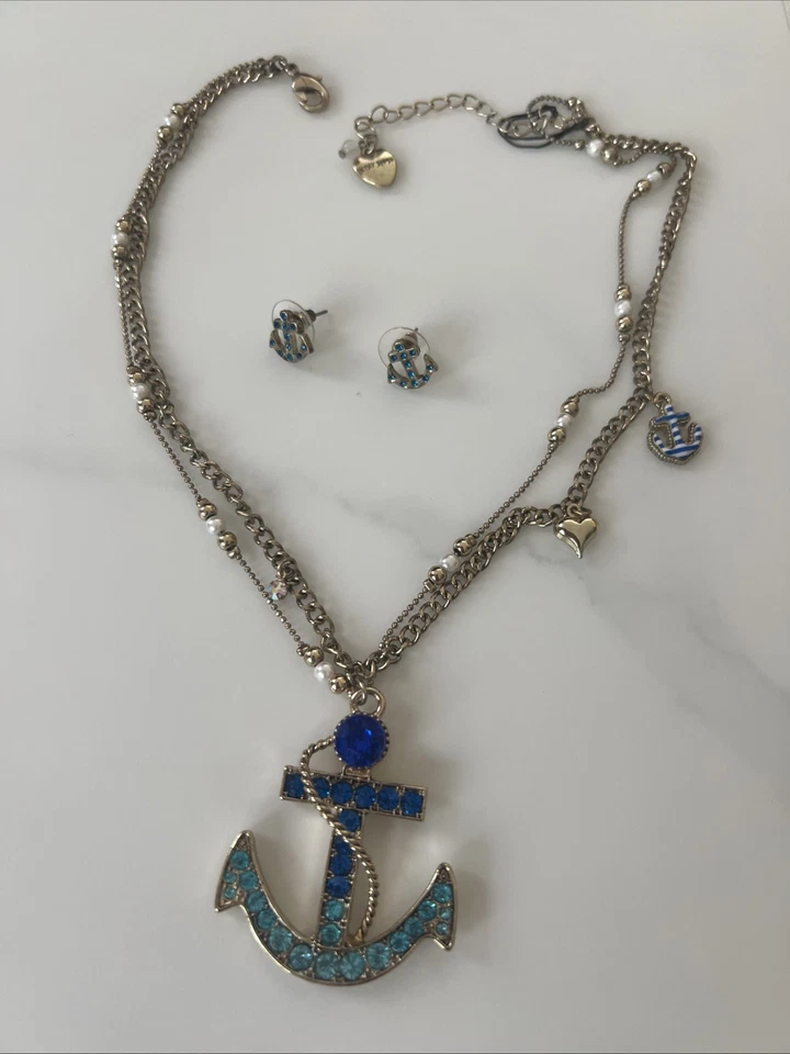 Juego de pendientes collar doble cadena ancla estrás cristal azul Betsey Johnson Foto 3 de 4
