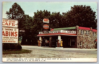 Lake Tahoma Amoco Gas Pump Grill Cabins Cafe Marion NC C1954 Postcard U2