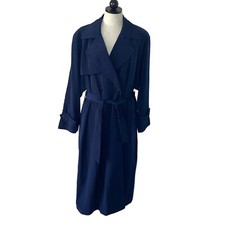 Bay Club Trench Coat Navy Blue Womens Size 14 Vintage Pure Polyester Nylon Lined