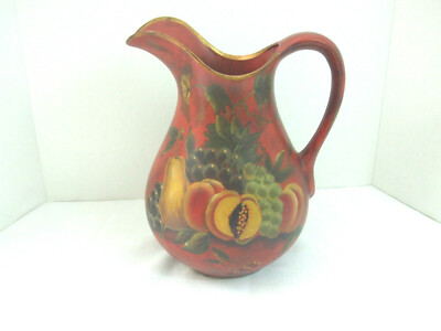 Tall Decorative Ceramic Vintage Style Pitcher Brick Red Green Fruit Design 10.5''