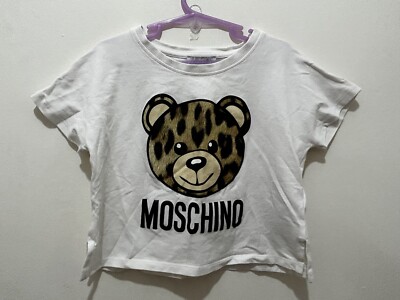 Mädchen Designer Moschino weiß Leopardenmuster Bärengesicht Schriftzug Druck Crop Top 8y