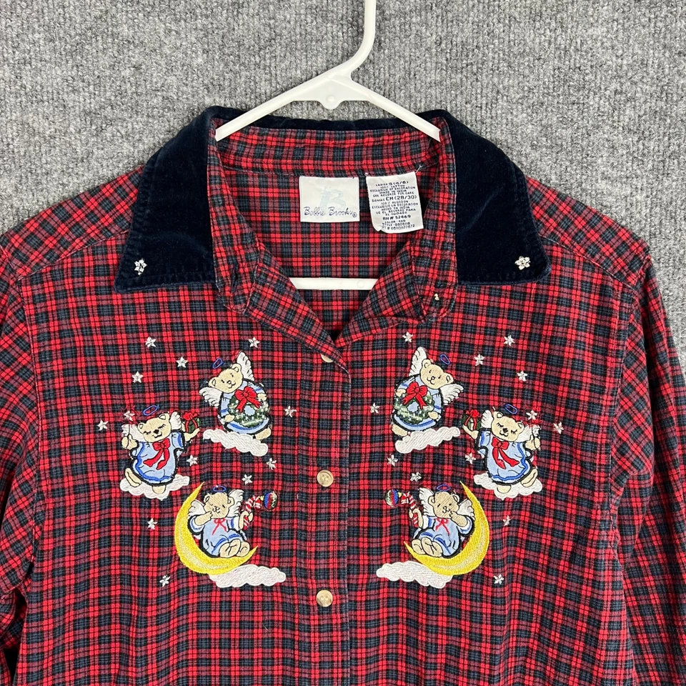 VINTAGE BOBBY BROOKS Christmas Shirt Flannel EMBROIDERED Angels bear S(4/6) - Image 3 of 4