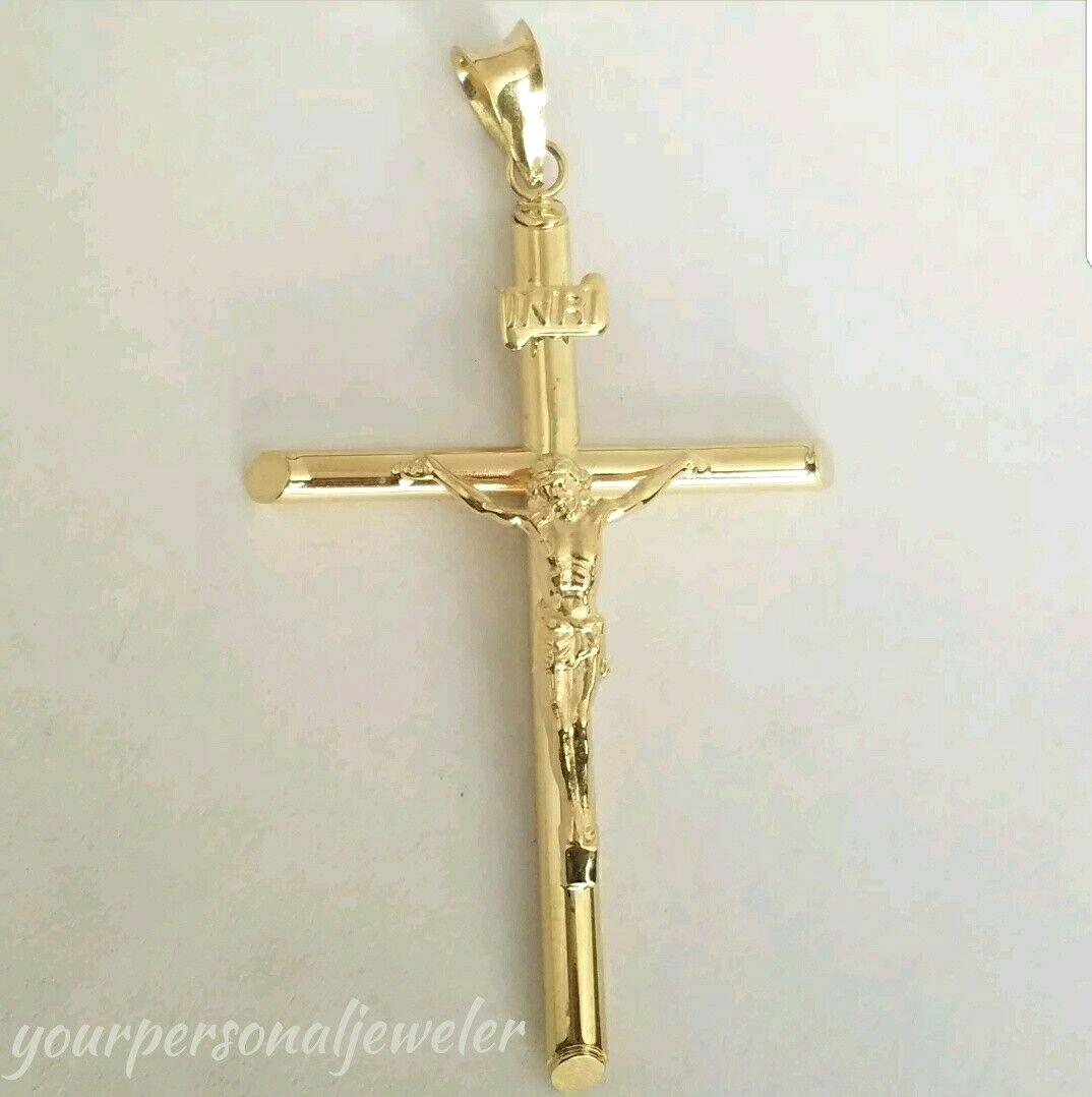 14K GOLD TUBE INRI CRUCIFIX PENDANT | Cross + Crown