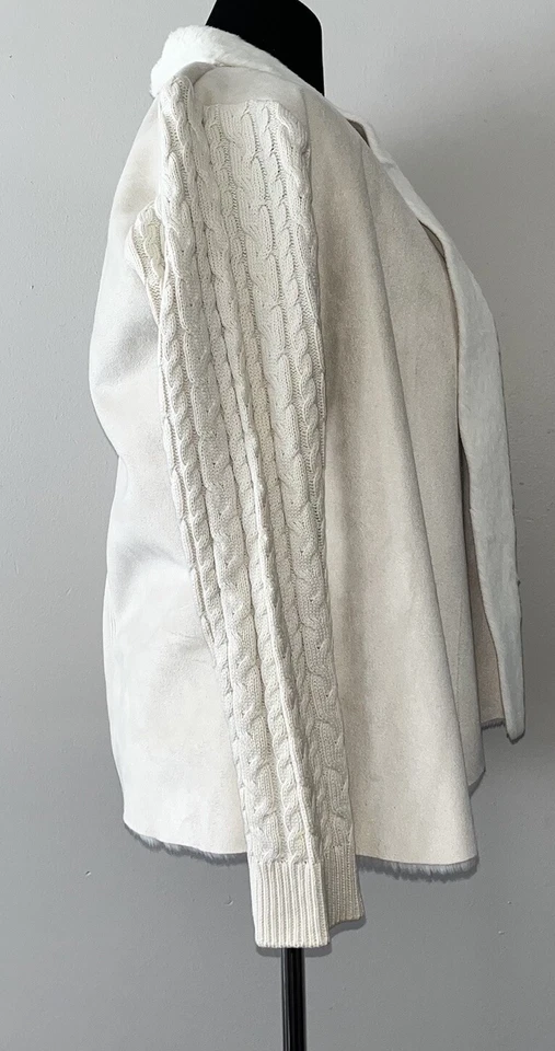 Cardigã aberto Gaby & Eden pele sintética malha cabo camurça suéter creme tamanho M mobwife - Imagem 3 de 4