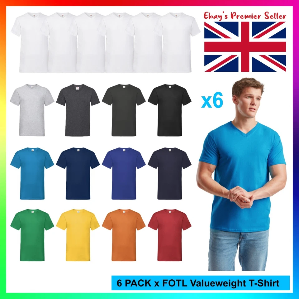 6 x Mens Plain V-NECK T-Shirt - Fruit of the Loom Valueweight Tee - Value Blank - Image 1 of 1