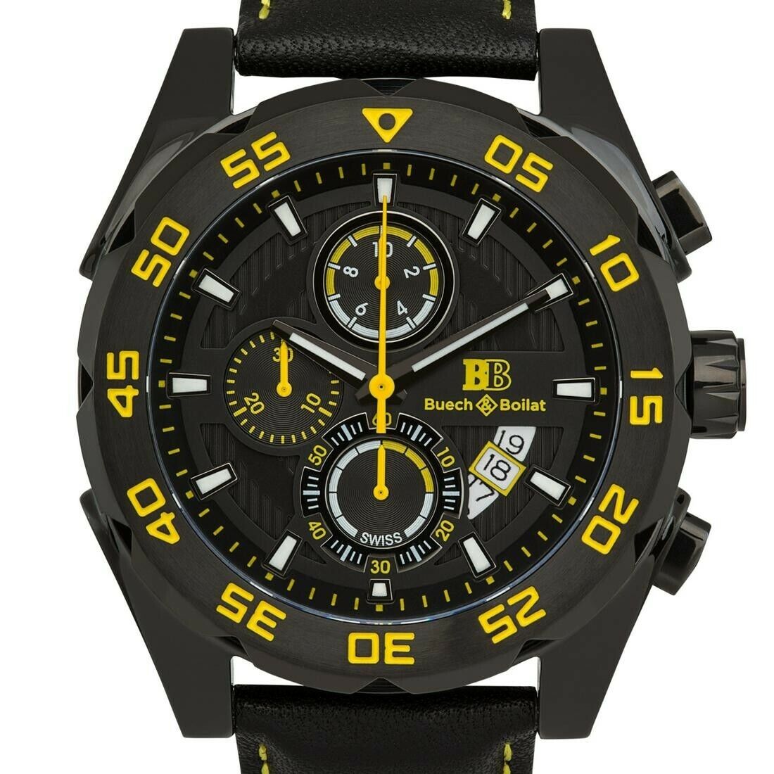 Buech & Boilat Torrent Men’s Swiss Made Chronograph Watch Black and Yellow Dial.