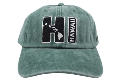 Hawaiian Denim Hat - HI Islands, Green, Adjustable Baseball Cap, Unisex, Aloha - Image 1 of 4