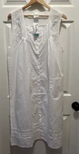 NWT Just Love Womens L Embroidered Nightgown White Sleeveless Button Pocket