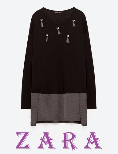 ZARA Fringed Gem Black T-Shirt Contrast 