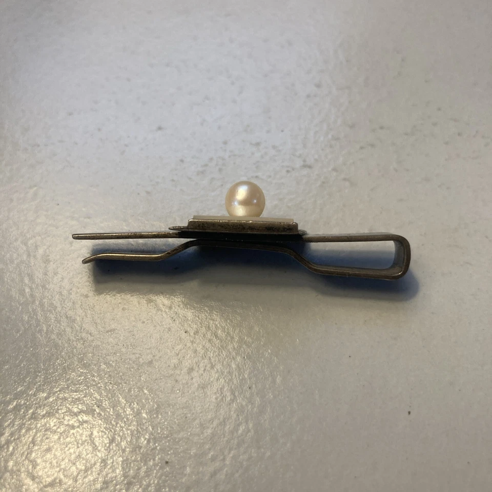 Vintage Silver Tie Clip Imitation Pearl/Seashell - Image 2 of 4