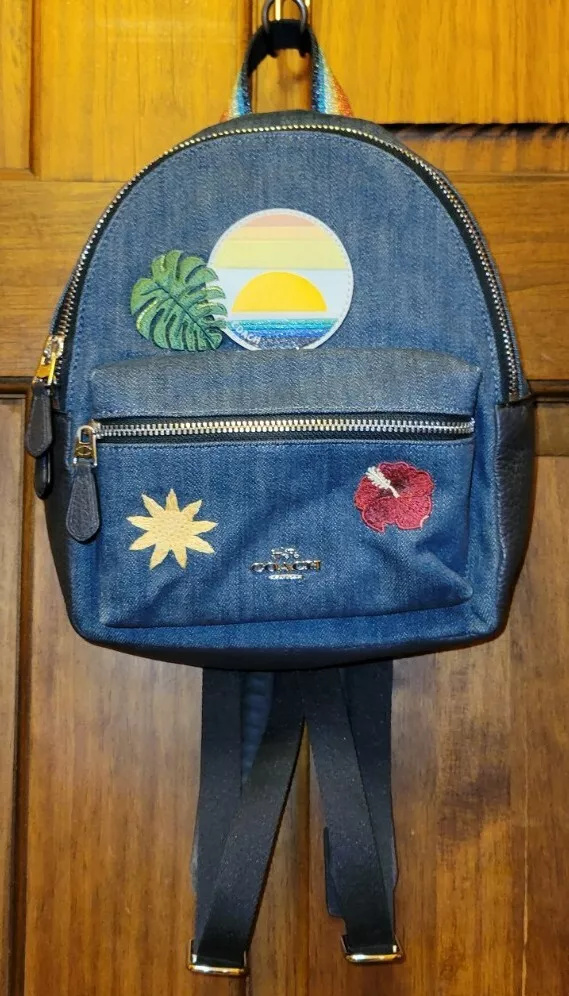 COACH F28958 CHARLIE MINI BACKPACK WITH BLUE HAWAII PATCHES SUNSET FLOWER LEAF