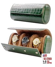 3 Watch Travel Case-Classic Leather Watch Case With Superb 3 Slot Dark Green