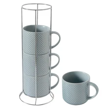 Coffee Mugs with rack, 15 Ounce Porcelain Stackable Large Ceramic Blue Coffee...