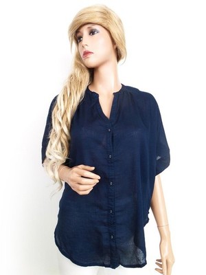 CUSTOMMADE Damen Geknöpfte Bluse Gr. 34 Marineblau Baumwolle 100% Kurzer Ärmel