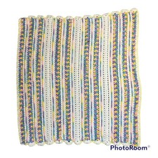 Vintage Hand Knit White and Rainbow Scalloped Edge Throw Baby Blanket 40 by 45