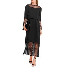 VALENTINO GARAVANI Midi Dress 4 Black Fringed Macramé-Paneled Silk-Crepe FLAW