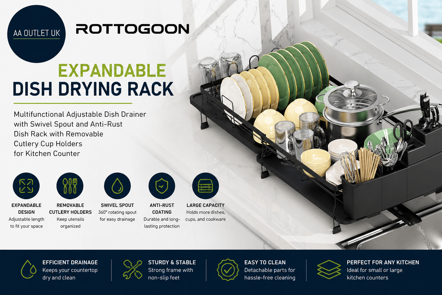 Rottogoon Expandable Dish Drying Rack Multifunctional Adjustable Drainer Black
