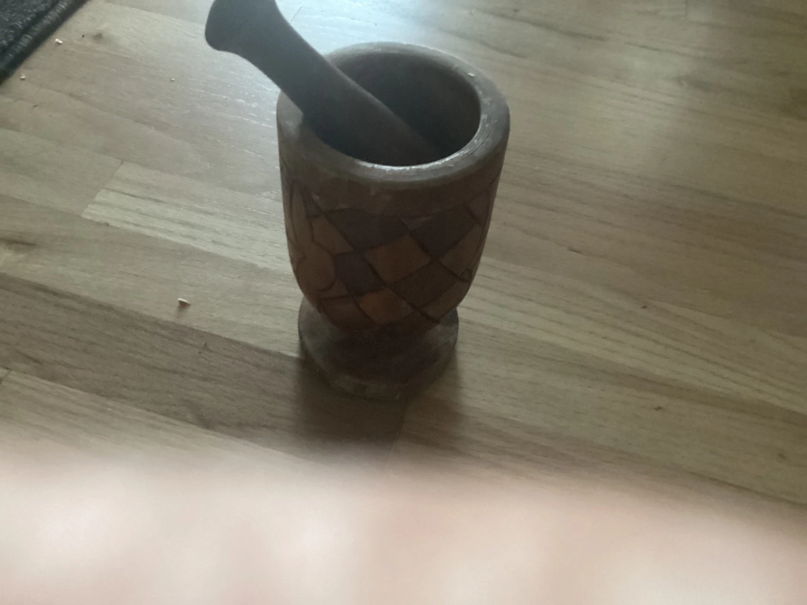 Hand Carved Wooden Mortar Pestle Set Herb Crusher Large 6.5” Tall Two Tone Wood