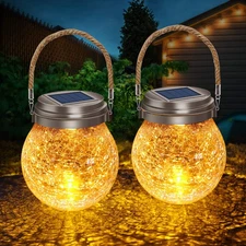 2 Pack Solar Lanterns Outdoor Waterproof IP65, Heavy Crackle Glass, Amber Warm &