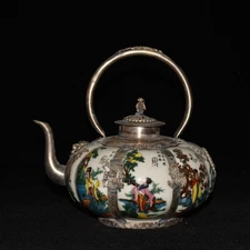 6.7" Old Antique Porcelain Bronze Inlaid Silver Melon-shaped Character Teapot