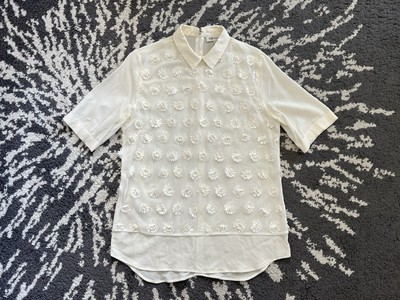NH Nadine H Damenbluse 100%Seide Kurzarm Cremeweiß Wollweiß Offwhite S M 36 38