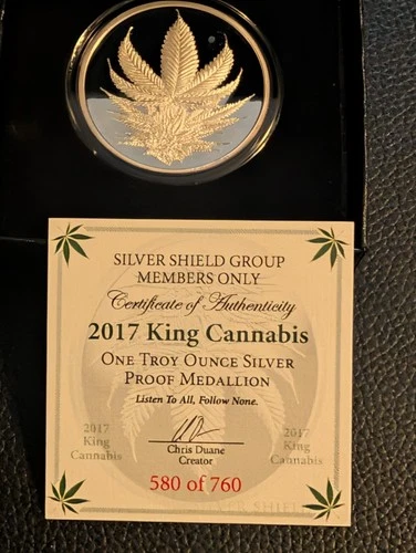 2017 Silver Shield "King Cannabis" 1 Ozt 999 FS Proof Medallion W/COA