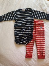 Polarn O Pyret  Bodysuit & Leggings Baby Gro 4-6 Months Striped Navy Red