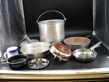 Vintage Aluminum Camping cook set, lg pot, 4 skillets, 12 pieces total MJ5