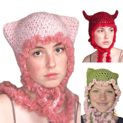 Halloween Beanie Knit Skull Hat Unique Cat Ear Horn Party Holiday Headwear