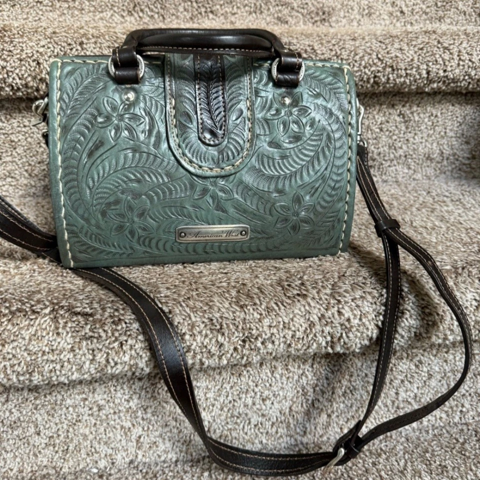 Bolso de mano American West de cuero negro y verde floral con detalles plateados nuevo sin etiquetas Foto 3 de 4