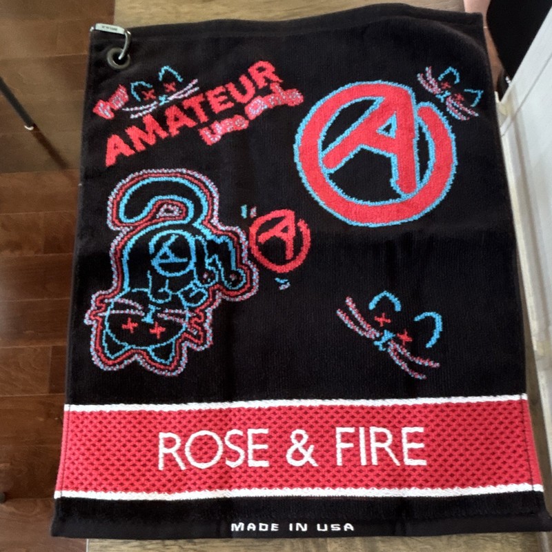 ROSE & FIRE Embroidered Cotton Golf Bag Towel w/ Clip Black/Red/Blue