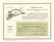 Milford Trust Company Check signed by Simon Lake and T.E. Lake - 1931 dated Auto