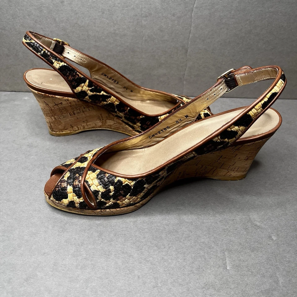 STUART WEITZMAN Leopard Wedges Women Sz 8.5N Sling Back Tan Black Peep Toe Heels - Image 3 of 4