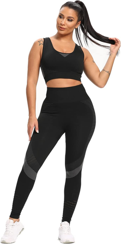Decozen Yoga Exercise Gym Sports Workout Women 2 Piece Seamless Bra High Waist F