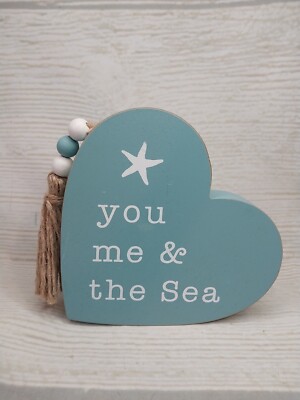 New! ''You Me & The Sea'' Heart Beads Wood Sign Decor Ocean Beach Coastal Starfish