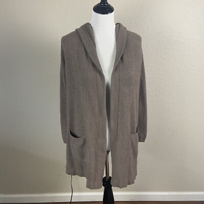 Barefoot Dreams Womens Knitted Open Front Hooded Cardigan Sweater Taupe  Size XS