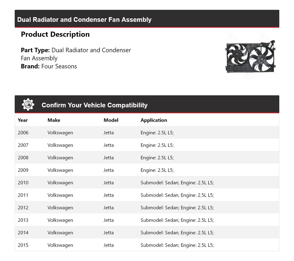 For 2006-2015 Volkswagen Jetta Dual Radiator  Condenser Fan Assembly 4 Seas - Image 2 of 4