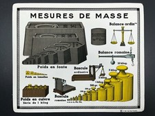 Ancienne Planche éducative scolaire cartonnée Mesures de Masse Balance Bascule