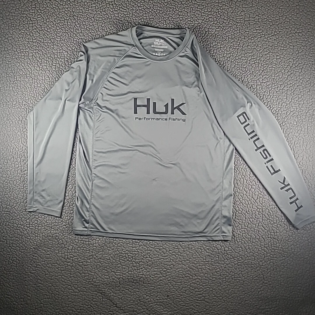 Huk Fishing Shirt Mens L Gray Spellout Graphic Performance Stretch Long Sleeve