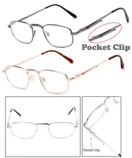 Retro Square Metal Frame Clear Lens Reading Glasses Pocket Clip Spring Hinges