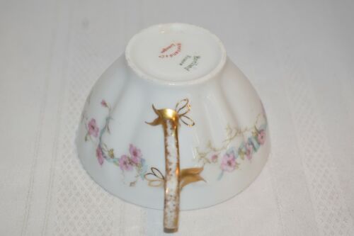 Haviland Limoges France Pink Flowers Blue Ribbon Tea Cup, Gilt Trim on  Handle