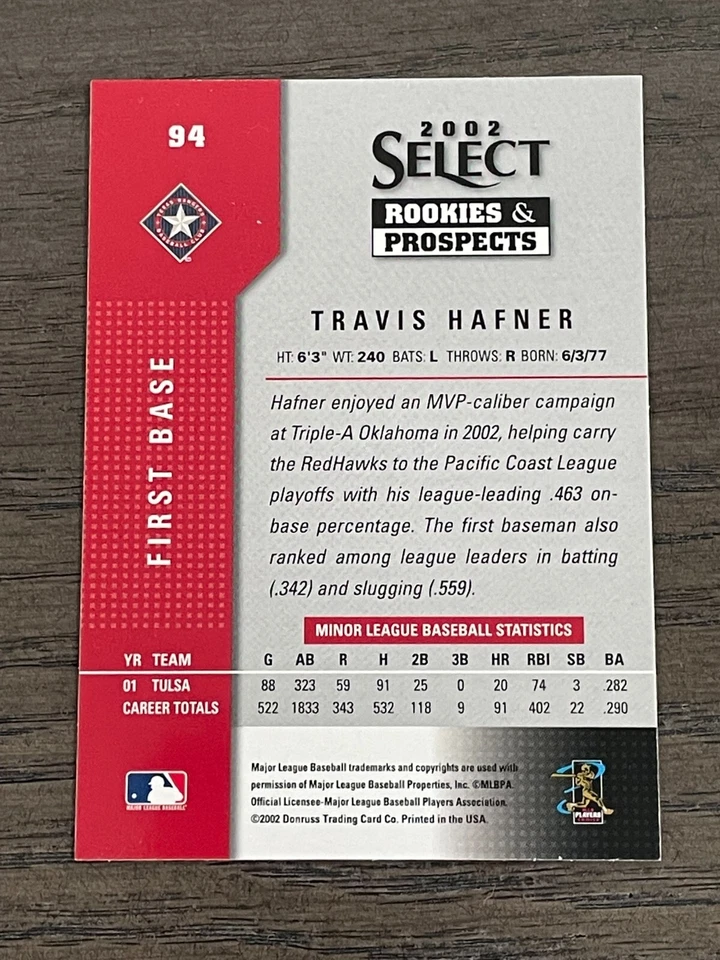 2002 Select Rookies & Prospects Travis Hafner Auto #94 Texas Rangers Blue Ink  - Image 2 of 2