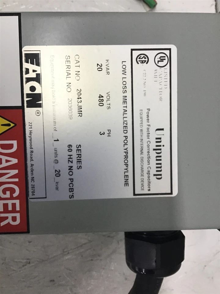Eaton 2043JMR Tapa Fija Unipump 20 KVAR 480 V 3PH Foto 3 de 4