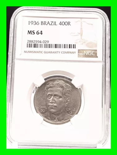 Stunning 1936 Brazil 400 Reis - NGC MS64 Copper / Nickel - KM#539 - High Grade