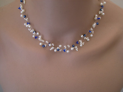 Collier perles Bleu roi/ivoire/blanc p robe mariée mariage cérémonie