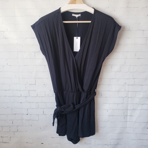 Z Supply Claret Surplice Romper Size S Black Stretch Knit Belted Short Sleeve - Picture 2 of 12