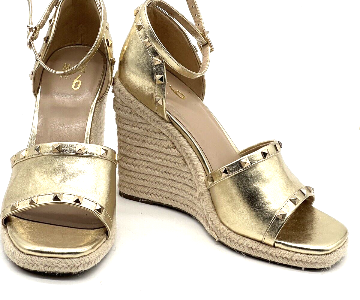 MIX No.6 Shoes Womens 9 M Gold Espadrille Wedge Heels Studded Faux Leather  | eBay